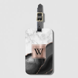 Black Agate Roos Gold White marmer monogram Bagagelabel