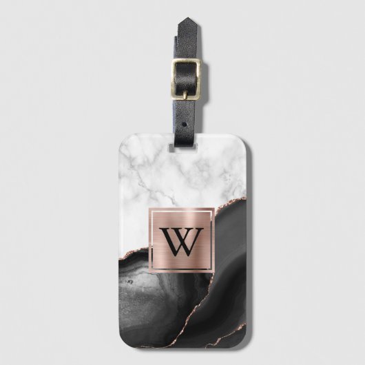 Black Agate Roos Gold White marmer monogram Bagagelabel (Voorkant (verticaal))
