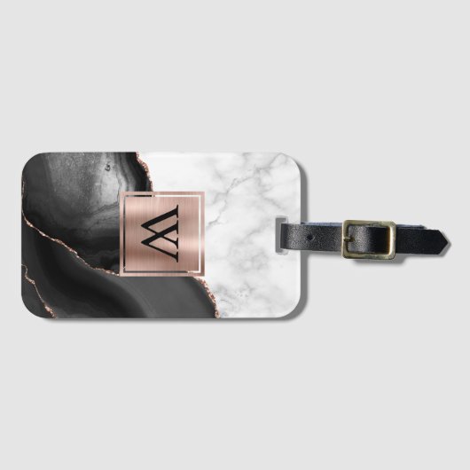 Black Agate Roos Gold White marmer monogram Bagagelabel (Voorkant (horizontaal))