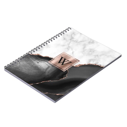 Black Agate Roos Gold White marmer monogram Notitieboek (Linkerzijde)