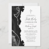 Black Agate Silver Glitter First Heilige Communie Kaart (Voorkant)