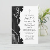 Black Agate Silver Glitter First Heilige Communie Kaart (Staand voorkant)