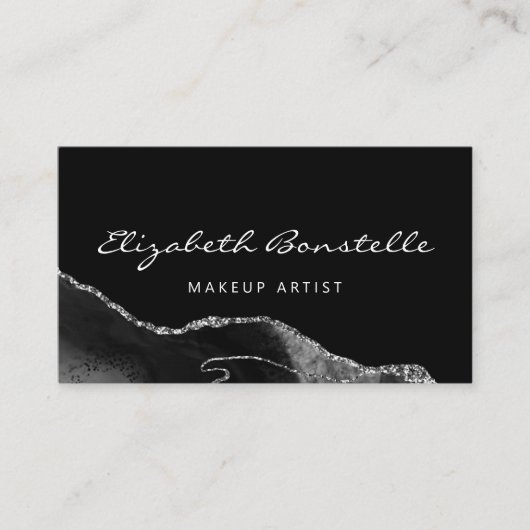 Black Agate Silver Glitter Luxury Visitekaartje (Voorkant)