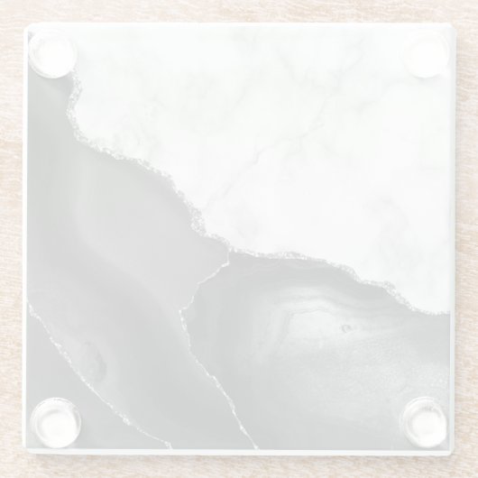 Black Agate Silver Glitter White Faux Marble Glazen Onderzetter (Achterkant)