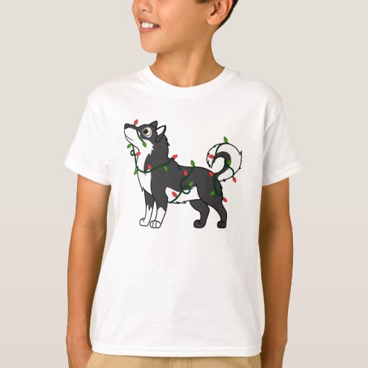 Black Alaskan Malamute met kerstlampjes T-shirt (Voorkant)