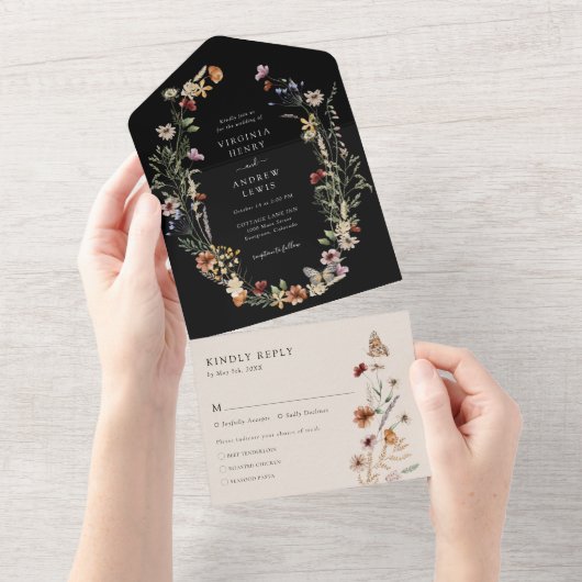 Black All in One Wedding Invite All In One Uitnodiging (Afscheurbaar)