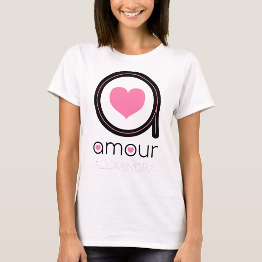 Black Amour Love, Pink Heart, Name Gepersonaliseer T-shirt (Voorkant)