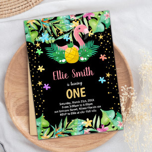 Black Ananas Flamingo Verjaardag Uitnodigingen