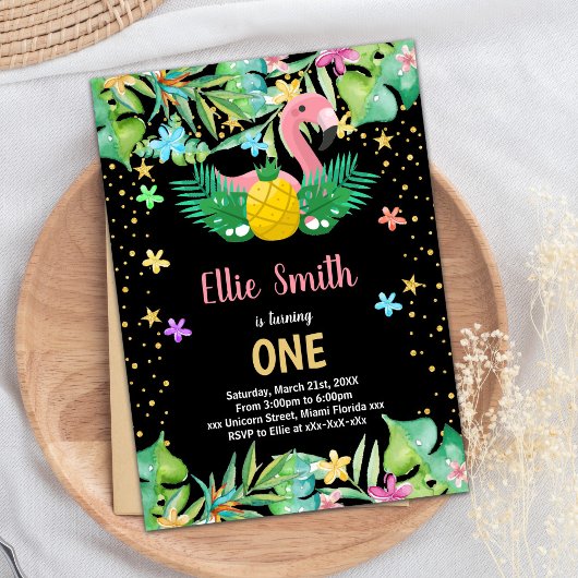 Black Ananas Flamingo Verjaardag Uitnodigingen