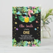 Black Ananas Flamingo Verjaardag Uitnodigingen (Staand voorkant)