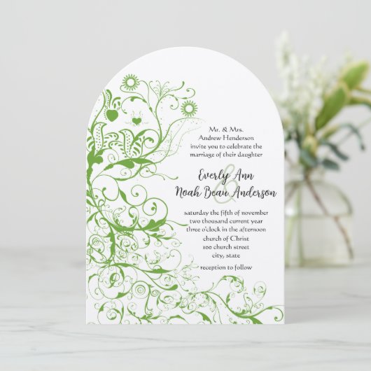 Black and Apple Green Bird Wedding Invite Kaart (Staand voorkant)