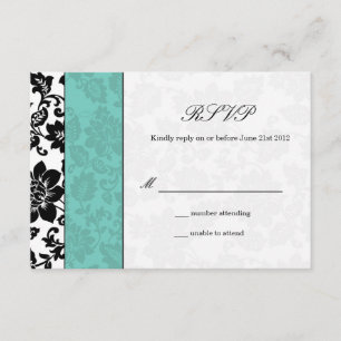 Black and Aqua Damask Wedding RSVP