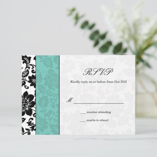 Black and Aqua Damask Wedding RSVP (Staand voorkant)