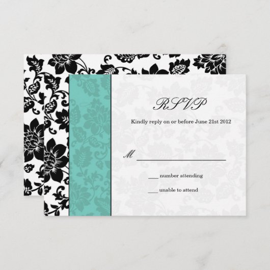 Black and Aqua Damask Wedding RSVP (Voorkant / Achterkant)