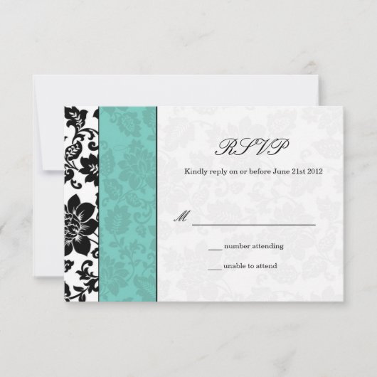 Black and Aqua Damask Wedding RSVP Kaartje (Voorkant)