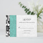 Black and Aqua Damask Wedding RSVP Kaartje (Staand voorkant)