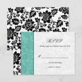 Black and Aqua Damask Wedding RSVP Kaartje (Voorkant / Achterkant)
