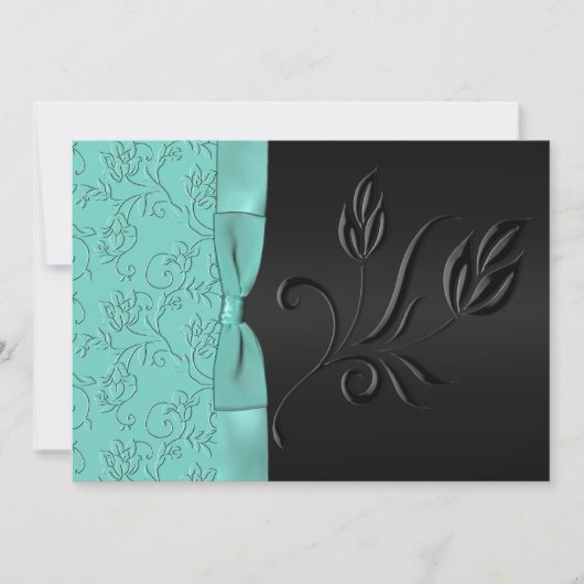 Black and Aqua Floral FAUX Ribbon Wedding Invite Kaart (Voorkant)