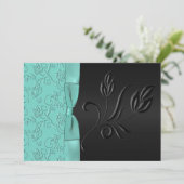 Black and Aqua Floral FAUX Ribbon Wedding Invite Kaart (Staand voorkant)