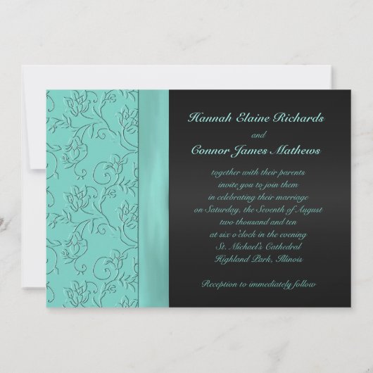 Black and Aqua Floral FAUX Ribbon Wedding Invite Kaart (Achterkant)