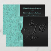 Black and Aqua Floral FAUX Ribbon Wedding Invite Kaart (Voorkant / Achterkant)