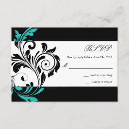 Black and Aqua Floral Swirl Wedding RSVP