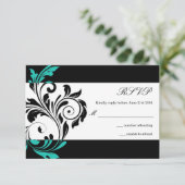 Black and Aqua Floral Swirl Wedding RSVP (Staand voorkant)