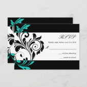 Black and Aqua Floral Swirl Wedding RSVP (Voorkant / Achterkant)
