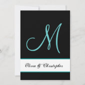 Black and Aqua Monogram Damask Wedding Kaart (Voorkant)