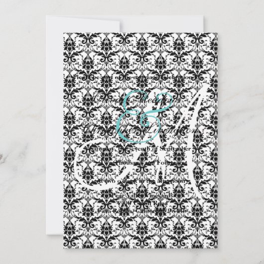 Black and Aqua Monogram Damask Wedding Kaart (Achterkant)