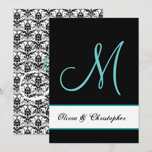 Black and Aqua Monogram Damask Wedding Kaart (Voorkant / Achterkant)