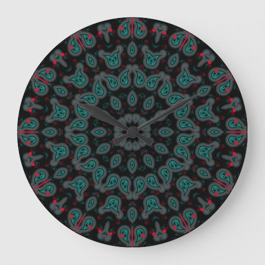 Black and Aqua Paisley Boho Pattern Grote Klok (Voorkant)