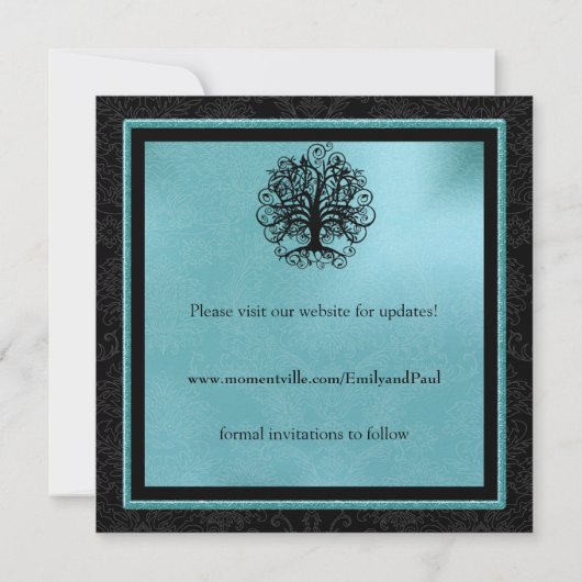 Black and Aqua Swirl Love Tree Weddenschap Save th Save The Date (Achterkant)