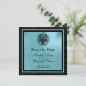 Black and Aqua Swirl Love Tree Weddenschap Save th Save The Date (Staand voorkant)