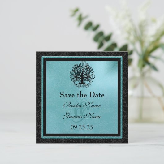 Black and Aqua Swirl Love Tree Weddenschap Save th Save The Date (Staand voorkant)
