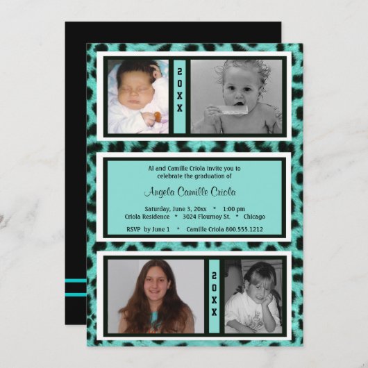 Black and Blauwgroen Leopard Photo Afstuderen Invi Kaart (Voorkant / Achterkant)