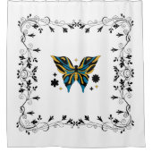 Black and Blue Butterfly Floral Art Douchegordijn (Voorkant)