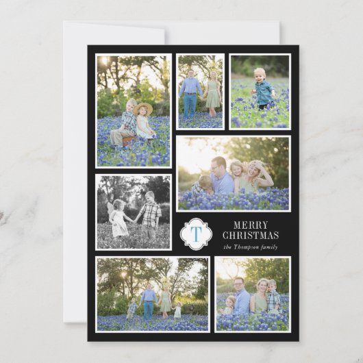 Black and Blue Monogramed Seven Photo Holiday Card Feestdagenkaart (Voorkant)