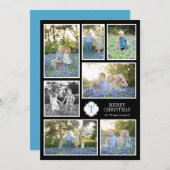 Black and Blue Monogramed Seven Photo Holiday Card Feestdagenkaart (Voorkant / Achterkant)