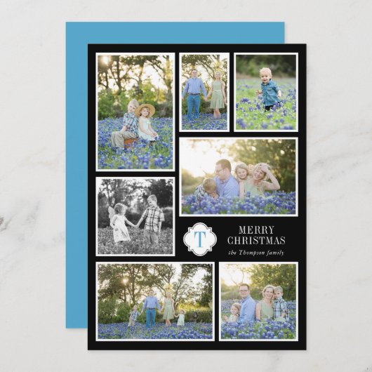 Black and Blue Monogramed Seven Photo Holiday Card Feestdagenkaart (Voorkant / Achterkant)