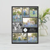 Black and Blue Monogramed Seven Photo Holiday Card Feestdagenkaart (Staand voorkant)
