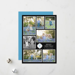 Black and Blue Monogramed Seven Photo Holiday Card Feestdagenkaart