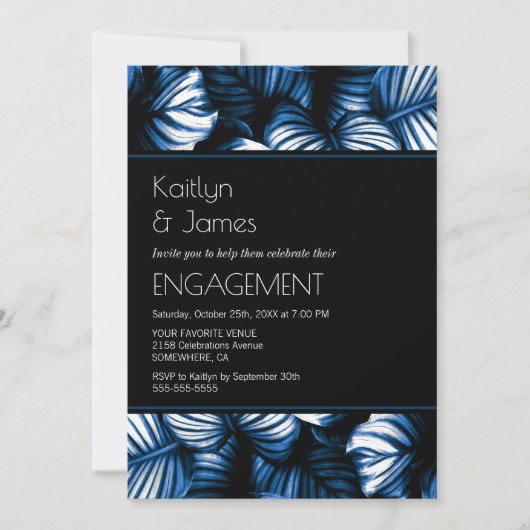 Black and Blue Tropical Palm Engagement Party Kaart (Voorkant)