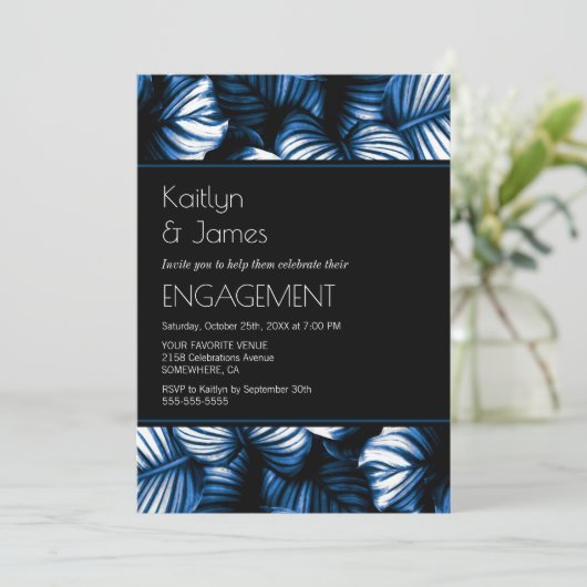 Black and Blue Tropical Palm Engagement Party Kaart (Staand voorkant)