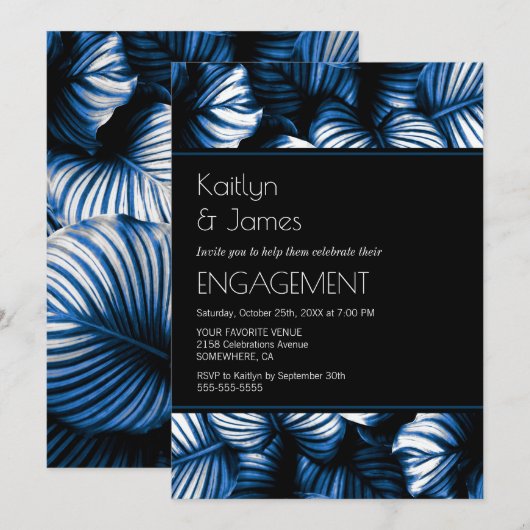 Black and Blue Tropical Palm Engagement Party Kaart (Voorkant / Achterkant)