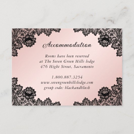 Black and Blush Lace Wedding Details Accommodatie Informatiekaartje (Achterkant)