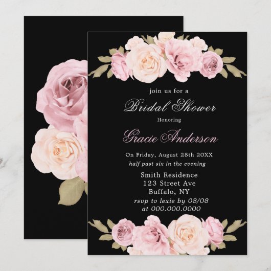 Black and Blush Pink Rose Bridal Shower Kaart (Voorkant / Achterkant)