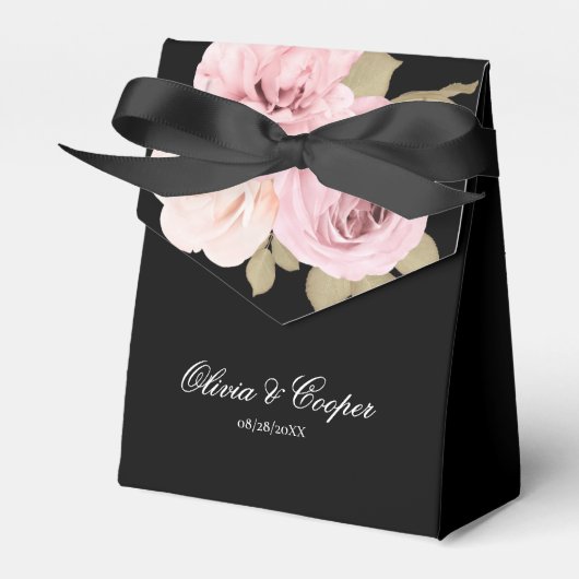Black and Blush Pink Roses Chic Wedding Bedankdoosjes (Voorkant Zijde)