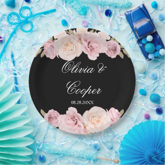 Black and Blush Pink Roses Chic Wedding Papieren Bordje (Feest)