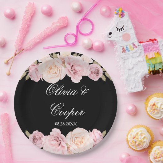 Black and Blush Pink Roses Chic Wedding Papieren Bordje (Feest)